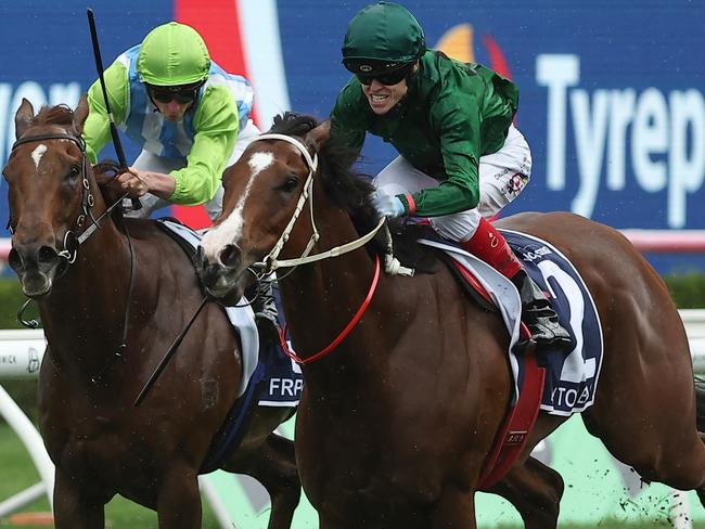 SYDNEY, AUSTRALIA - OCTOBER 19: Craig Williams riding Far Too Easy wins Race 5 The Kosciuszko during Sydney Racing - The Everest Day at Royal Randwick Racecourse on October 19, 2024 in Sydney, Australia. (Photo by Jeremy Ng/Getty Images)