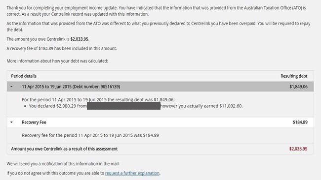 You will also receive an online update — note this $1849 debt comes with a ten per cent recovery fee of $184.