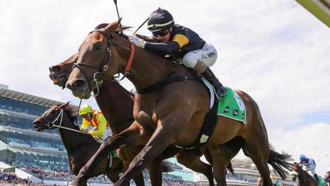 Deny Knowledge pinned the ears back to win the Matriarch Stakes at Flemington with Jamie Kah aboard. Picture: George Sal/Racing Photos