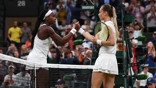 Coco Gauff (left) and Magdalena Rybarikova shake hands after their match. Picture: Getty Images