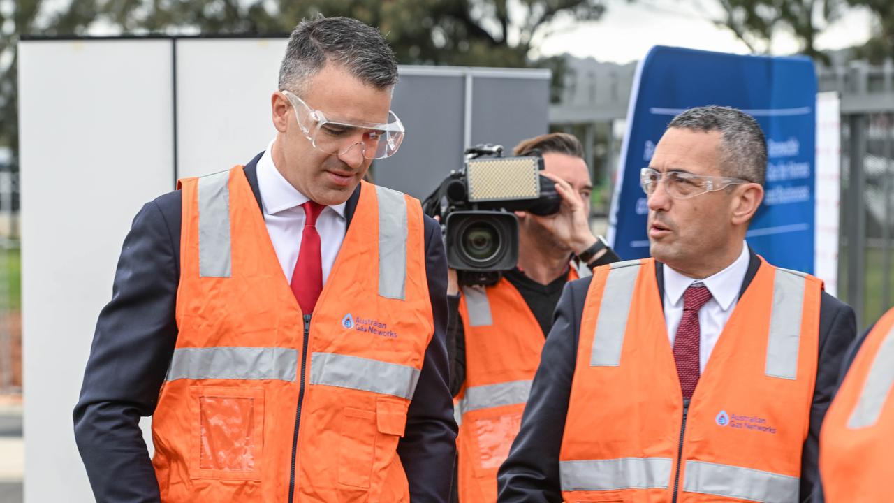 Premier Peter Malinauskas and Energy and Mining Minister Tom Koutsantonis at Hydrogen Park SA in the Tonsley Innovation Precinct. Picture: NCA NewsWire / Brenton Edwards