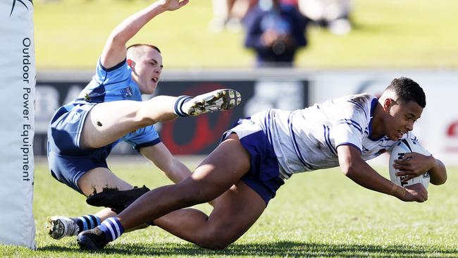 Hokafonu Lemoto goes in for a try during the NSW U15 Combined High Schools v Combined Catholic Colleges, State Rugby League Tri-Series held at St Mary's Leagues Stadium. Picture: Jonathan Ng