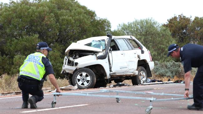 The remains of the Nissan Patrol on the side of the Lincoln Highway after the smash. Picture: Stephen Laffer