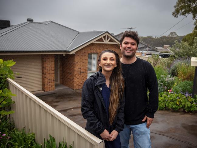 Alex Corbally-Vaselli and Mercedes Ferdinands settled on their first home in Adelaide on Friday. South Australia experienced the most significant decline in affordability over the past year, according to PropTrack. Picture Matt Turner.