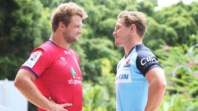 Reds captain James Slipper and Waratahs captain Michael Hooper.