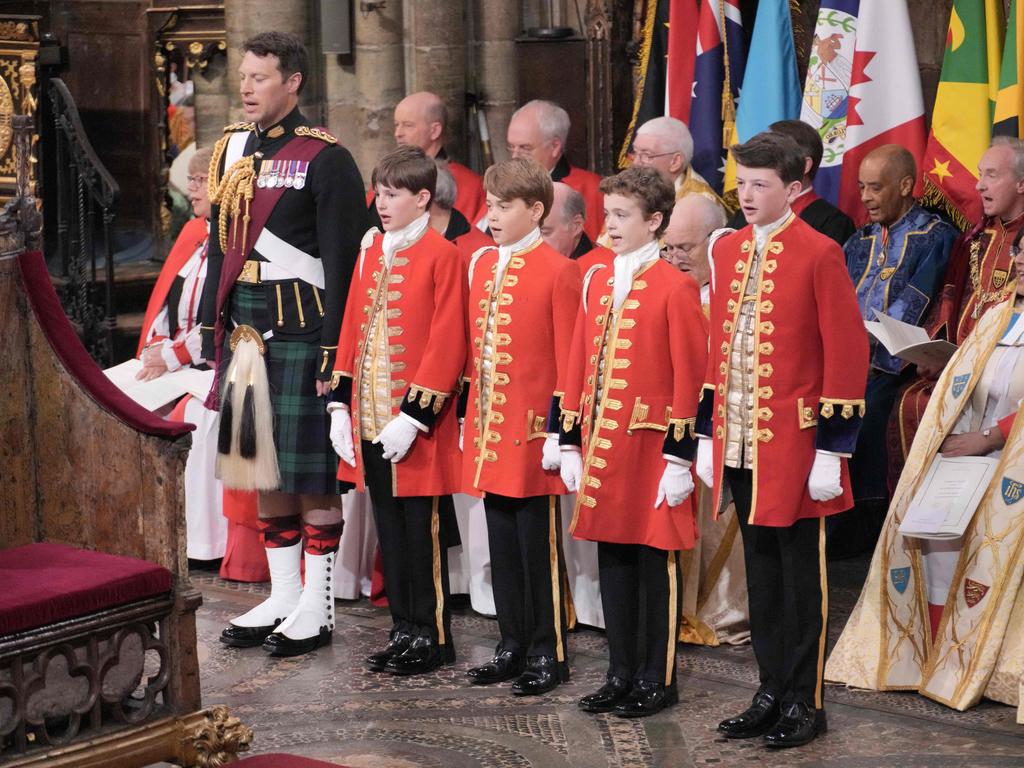 The uniform of the King’s pages was first seen at the coronation of Edward VII in 1902. Picture