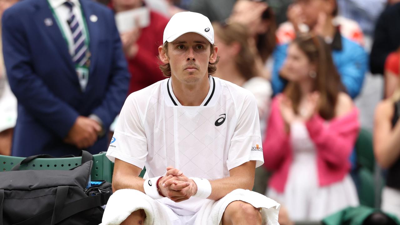 LONDON, ENGLAND - JULY 08: Alex de Minaur of Australia reacts following victory against Arthur Fils of France in his Gentlemen's Singles fourth round match during day eight of The Championships Wimbledon 2024 at All England Lawn Tennis and Croquet Club on July 08, 2024 in London, England. (Photo by Sean M. Haffey/Getty Images)