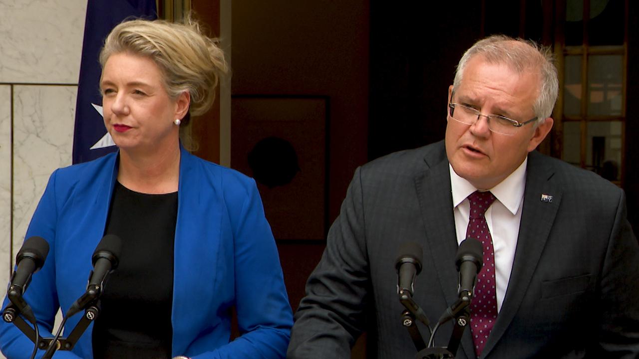 Minister for Agriculture Bridget McKenzie and Prime Minister Scott Morrison speak to the media during a press conference at Parliament House in Canberra, Tuesday, January 14, 2020. Picture: Marc Tewksbury/AAP