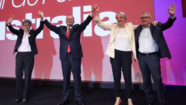 Former Labor leadrship team Bill Shorten and Tanya Plibersek, centre, with Penny Wong and Wayna Swan at the ALP national conference last December.