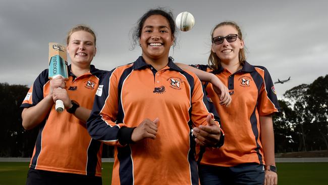 Northern Districts cricketers Sam Betts, Tabatha Saville and Darcie Brown after they made centuries in the Jets’ Australian record 50-over score of 3/596. Picture: Naomi Jellicoe