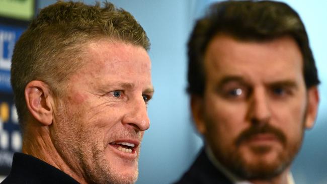 Hardwick is shouldered by Tigers chief executive Brendan Gale. Picture: Quinn Rooney/Getty Images.