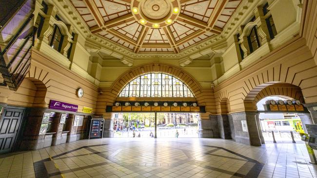 Foot traffic was non-existent at Flinders Street Station in the heart of Melbourne this week. Picture: David Geraghty