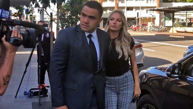 Dylan Walker outside Manly court with Alexandra Ivkovic today, who he is alleged to have assaulted.