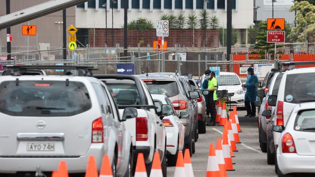 Long lines at the Wickham drive-through testing clinic on Honeysuckle Drive earlier this week. Picture: David Swift