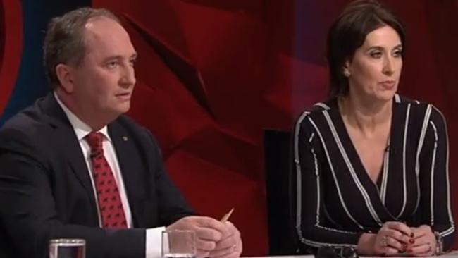 Standoff: Virginia Trioli takes on Barnaby Joyce ... then they went for a beer. Picture: ABC