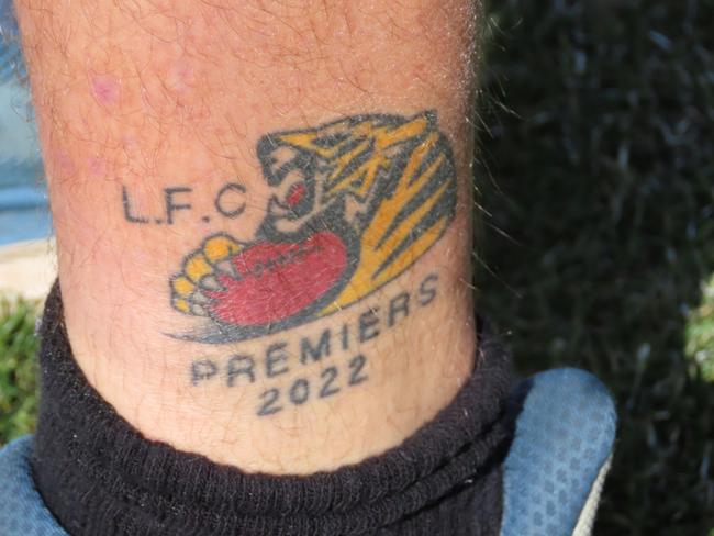 The 2022 Longford premiership tattoo on current captain Kacey Curtis' leg. Picture: Jon Tuxworth