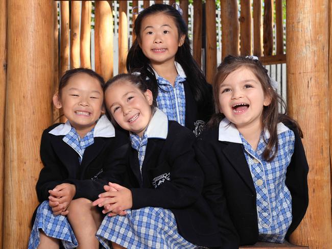 Strathcona Girls Grammar 2025 happy preppies are the sign of a healthy school, growing 13 per cent in the past five years. Preps (L-R) Evelyn, Evie, Savannah and Celine. Picture: Josie Hayden