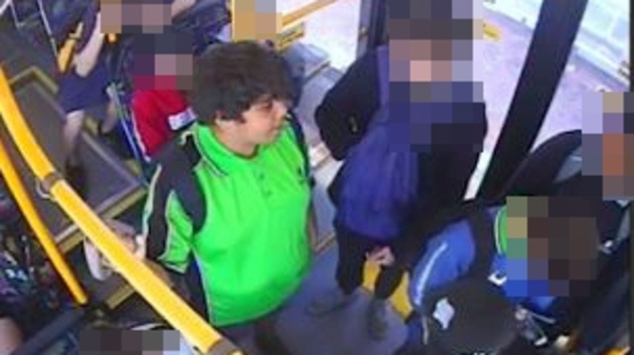 Screen grab from CCTV footage shows Perth schoolboy Cassius Turvey, 15 (bright green shirt) with friends aboard a bus in the moments before he was attacked and killed. Picture: Supplied