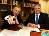 Treasurer Joe Hockey and Finance Minister Mathias Cormann on Budget Day morning in the Treasurer's office, Parliament House in Canberra. Pic by Kym Smith