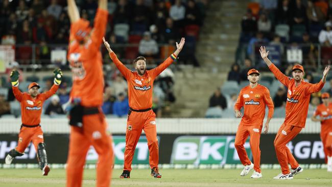 Andrew Tye (centre) and his Scorchers teammates cannot believe their appeal for caught behind with Usman Khawaja at the wicket is turned down.