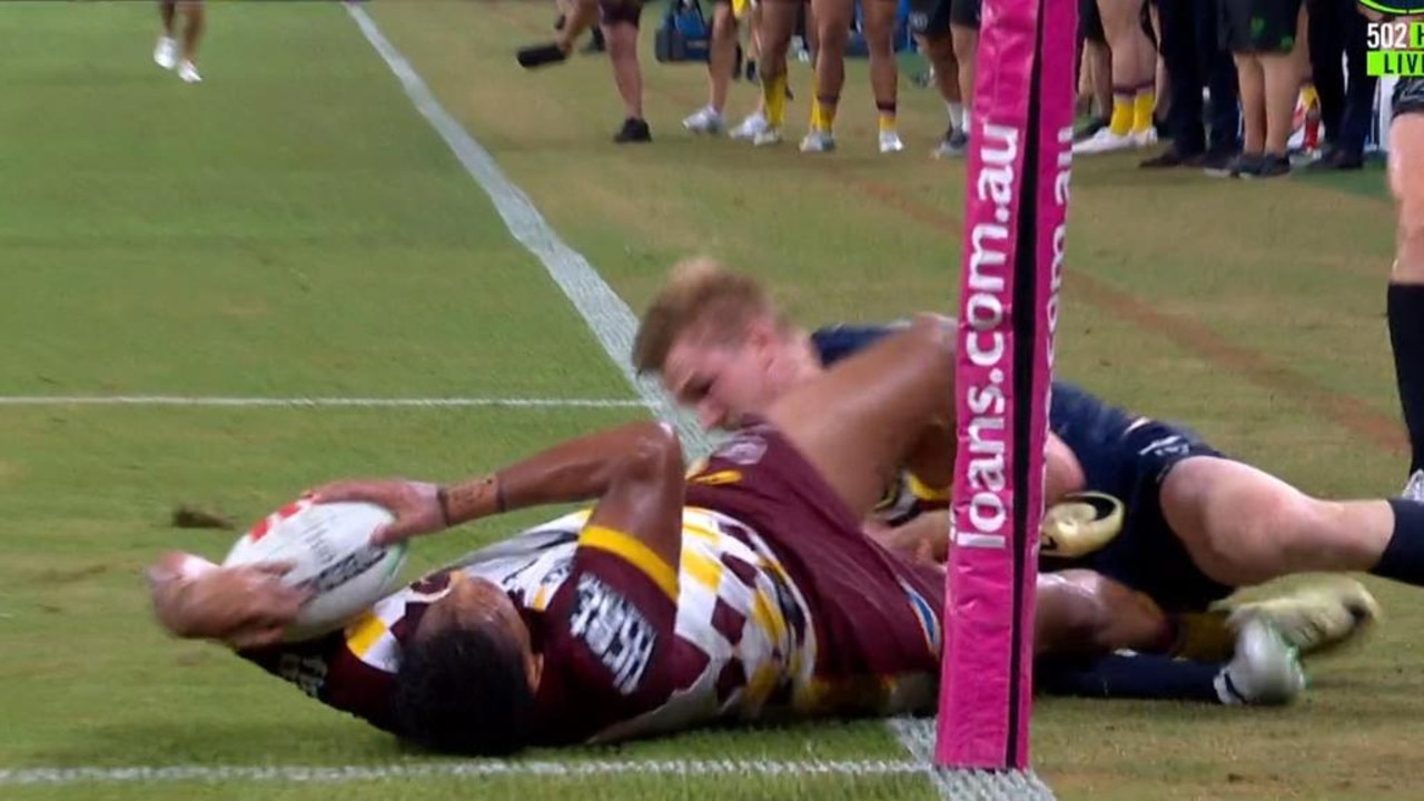 Tom Dearden's incredible try-saving tackle on Selwyn Cobbo. Picture: Fox Sports Australia