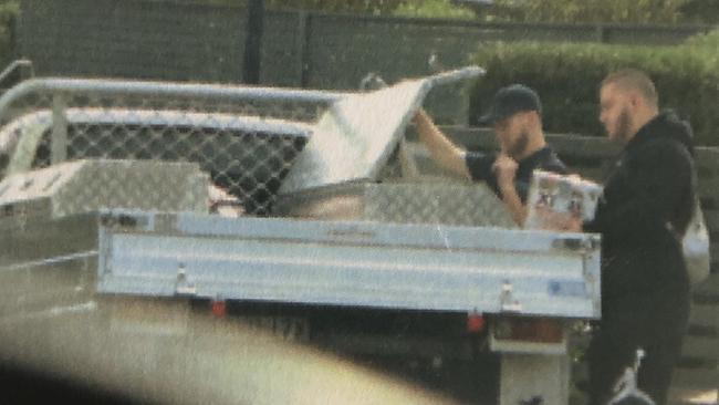 Police surveillance shots of Mohamad Hawchar and Adam Ayshan arguing about the pasta packets, which contained 4.2kg of ice.