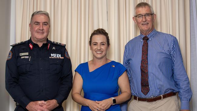 NT chief minister Lia Finocchiaro with NT police commissioner Michael Murphy and Ken Davies, CEO of the Department of Chief Minister - both keeping their jobs under the new government. Picture: Liam Mendes / The Australian