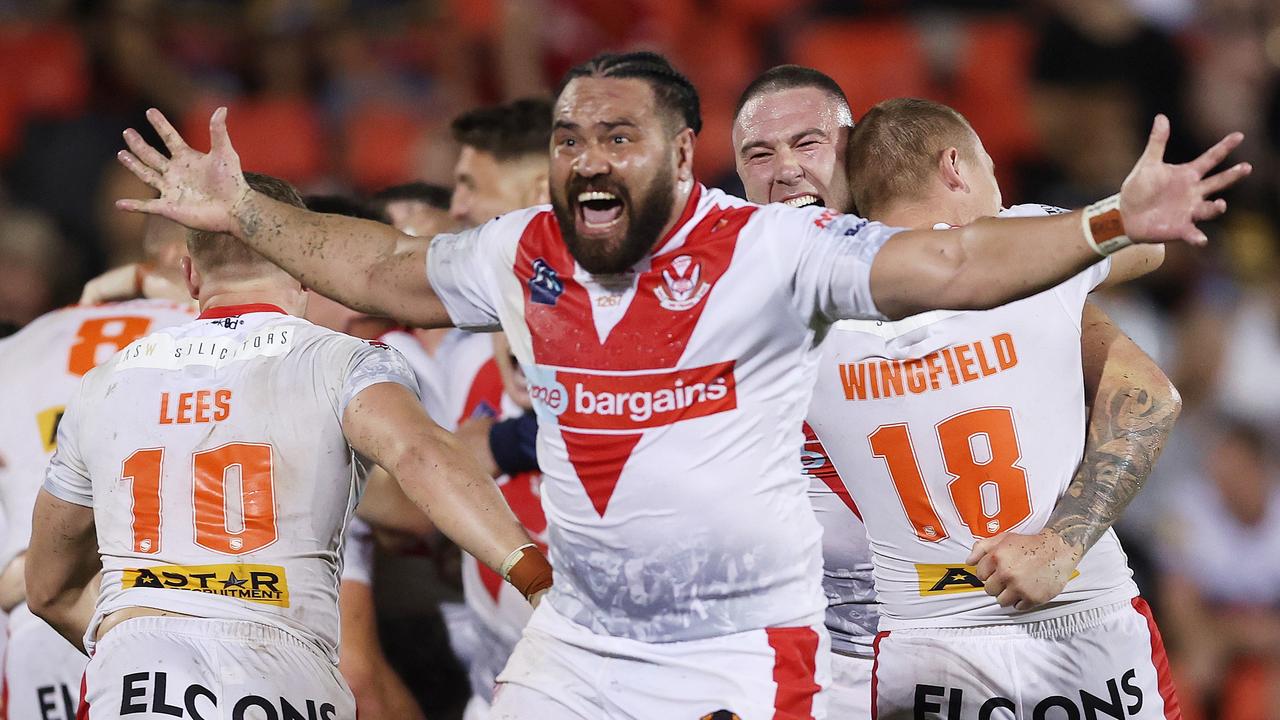 Konrad Hurrell celebrates St Helens’ win. Photo by Mark Metcalfe/Getty Images