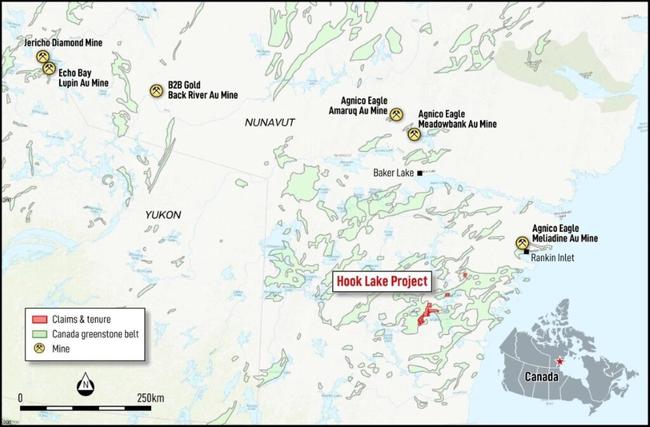 Hook Lake project location and nearby major mines.