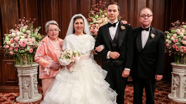 Kathy Bates, Mayim Bialik, Jim Parsons and comedian Teller in the 11th season finale of The Big Bang Theory. Picture: Michael Yarish/CBS