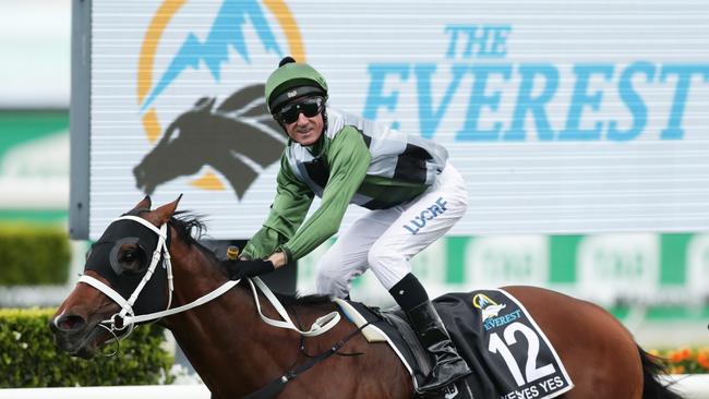 Glen Boss riding Yes Yes Yes to victory to The TAB Everest victory. Picture: Mark Metcalfe/Getty