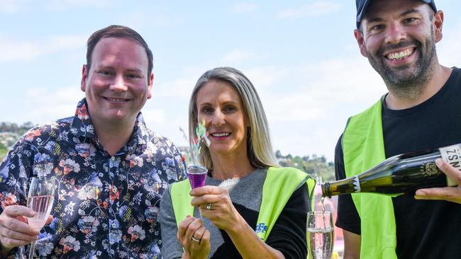 Launceston Mayor Danny Gibson with Stacy File and James Harding, festival directors of BeerFest Australia. Picture: Alex Treacy