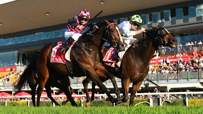 Champion jockey James McDonald on Sunshine In Paris edges out local hero Rothfire in a thrilling Group 1 Doomben 10,000. Picture: Trackside Photography