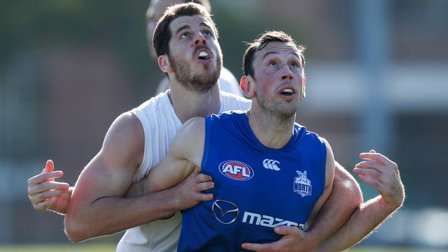 Todd Goldstein competes with teammate Tristan Xerri at training. Picture: Michael Willson/AFL Photos