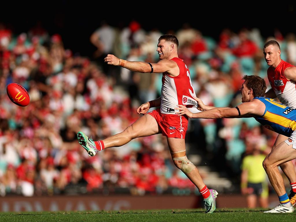 Adams was in the thick of the action during the Swans’ 53-point win over Gold Coast. Picture: Cameron Spencer/Getty Images