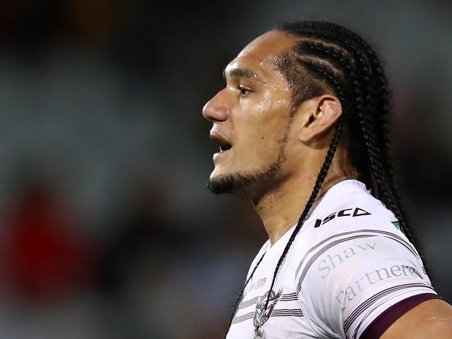 SYDNEY, AUSTRALIA - AUGUST 23:  Martin Taupau of the Sea Eagles looks dejected after losing the round 24 NRL match between the Wests Tigers and the Manly Sea Eagles at Campbelltown Sports Stadium on August 23, 2018 in Sydney, Australia.  (Photo by Cameron Spencer/Getty Images)