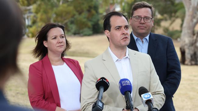 NEWS ADV, Leader of the Opposition Vincent Tarzia to talk to media after the Black By-election  loss . With Heidi Girolamo MLC and John Gardner MP  at Pavana Reserve, Hallett Cove, Image/Russell Millard Photography