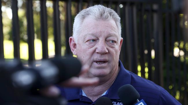 SYDNEY, AUSTRALIA - MAY 16: Canterbury Bulldogs NRL General Manager of Football Phil Gould speaks to the media at Belmore Sports Ground on May 16, 2022 in Sydney, Australia. Gould spoke to the media as he left the ground after the announcement this morning that Trent Barrett had quit the role of Bulldogs head coach. (Photo by Mark Kolbe/Getty Images)