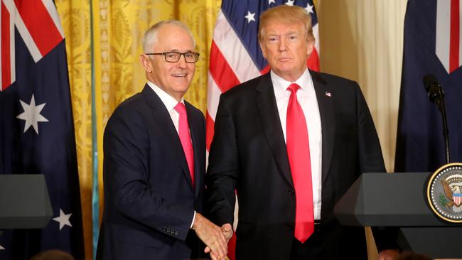 Malcolm Turnbull holds his own during a Trump handshake in Washington DC this week. (Pic: Nathan Edwards)