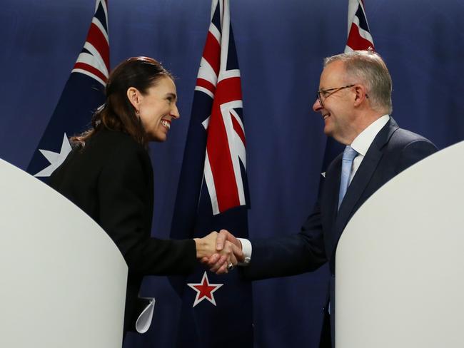 Jacinda Ardern and Anthony Albanese shake hands during a joint press conference in Sydney in July last year. Picture: Getty Images