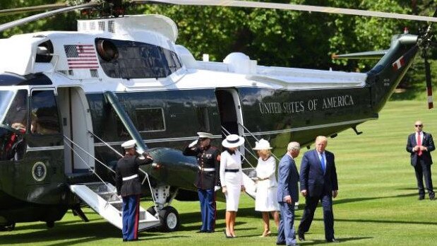 Prince Charles and Camilla greet Donald and Melania Trump as they disembark from Marine One in the grounds of Buckingham Palace. Picture: Getty Images.