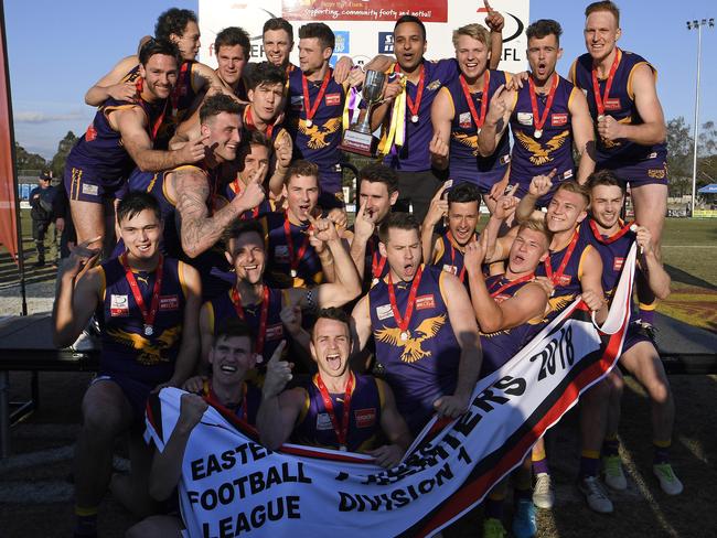 Vermont players celebrate after winning the EFL Div 1 Grand final between Vermont and South Croydon in Bayswater, Saturday, Sept. 22, 2018. Picture:Andy Brownbill