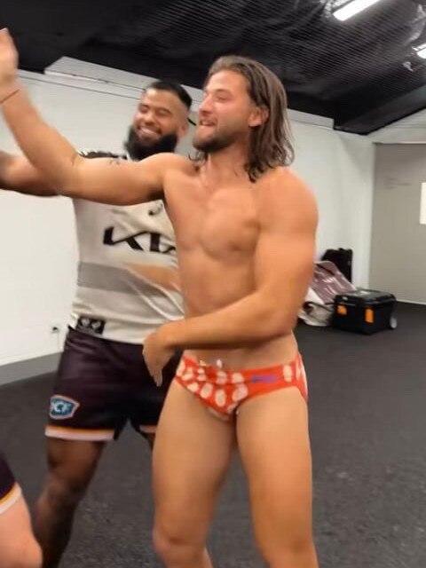 Pat Carrigan wearing the 'Luttsy' budgie smugglers after the Broncos' victory over the Parramatta Eels on Friday May 10. Photo: Supplied.