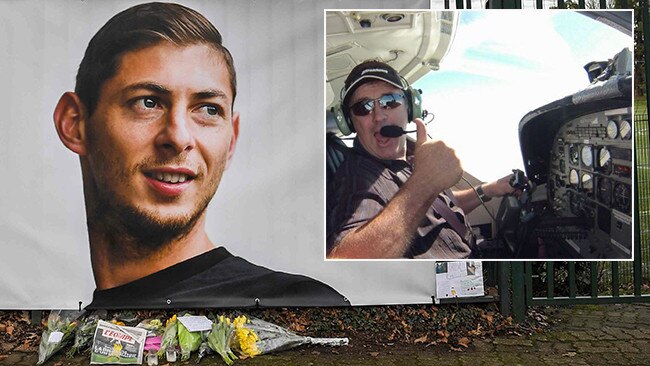 A tribute to footballer Emiliano Sala in front of the entrance of the FC Nantes football club training centre and, inset, pilot David Ibbotson. Main picture: AFP