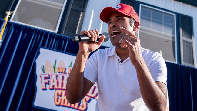 Vivek Ramaswamy raps after a Fair Side Chat with Governor Kim Reynolds at the Iowa State Fair on Saturday. Picture: AFP