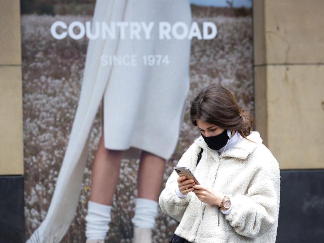 SYDNEY, AUSTRALIA - NewsWire Photos JULY 17, 2021: A view of a woman wearing a face mask at the Pitt Street Mall in the CBD during Lockdown, as the Covid-19 cases continue to rise in Sydney. Picture: NCA NewsWire/ Gaye Gerard