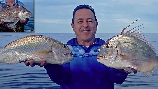 GOTCHA - Chicko Vella from Davo's Tackle World and his mate Donnie are pictured with snapper, gold band snapper and frypan snapper, boated on a recent trip to Double Island Point. Photo: www.fishingnoosa.com.au