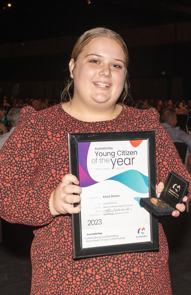 Keira Brown, Young Citizen of the Year at the 2023 Australia Day Awards at the Mackay Entertainment and Convention Centre (MECC). Picture: Michaela Harlow