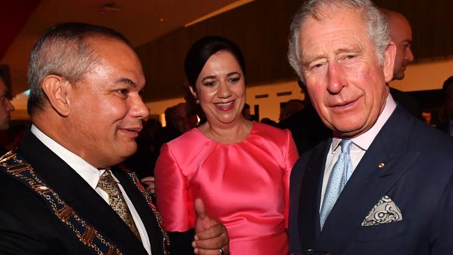 King Charles III, Gold Coast Mayor Tom Tate and Queensland Premier Annastacia Palaszczuk at the 2018 Commonwealth Games. Picture: Darren England/Pool/Getty Images