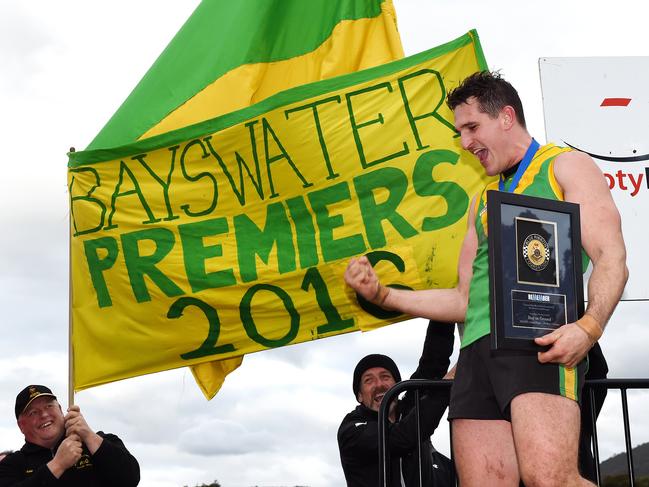 Joel Galvin celebrates the 2016 premiership. Picture: Steve Tanner